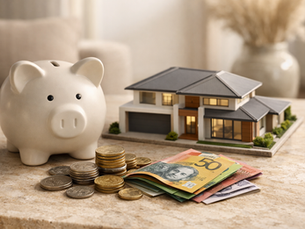 Budgeting for a house deposit: Piggy bank with Australian $50 and $100 notes, coins, and house model for saving house deposit