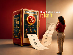 A homeowner considers a mortgage vending machine offering a better rate while printing a repayment timeline extending beyond 30 years.
