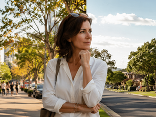Gen X woman standing in front of a split-screen style suburban street and city café scene, illustrating the choice between where to live and where to buy.