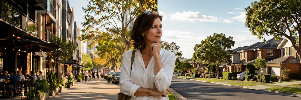 Gen X woman standing between an inner-city Australian café precinct and a suburban street, illustrating the rentvesting choice between where to live and where to buy.