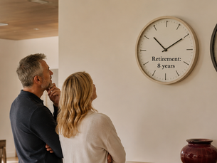 Australian Gen X couple looking at two wall clocks showing Retirement: 8 years and Mortgage: 21 years, highlighting the gap between their mortgage term and retirement timeline.