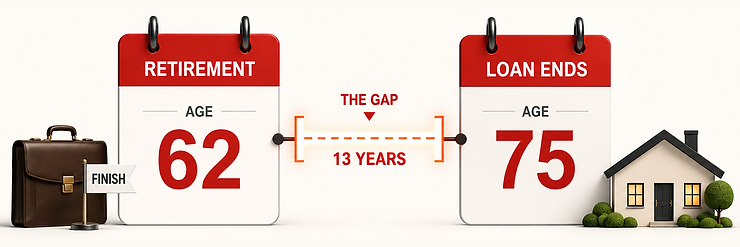 Retirement age 62 and home loan ending at age 75, showing a 13‑year gap between finishing work and finishing the mortgage.