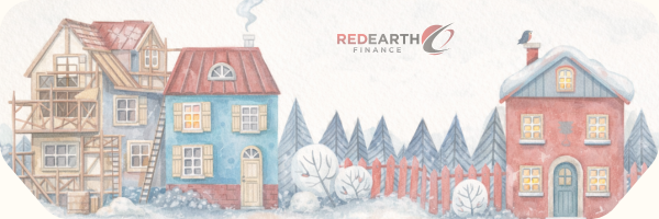 Illustrated snowy village with three houses, pine trees and red fence; REDEARTH FINANCE logo at top.