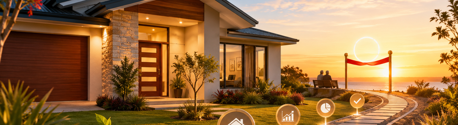 Modern Australian home beside a mortgage payoff pathway with progress markers, stacked coins, and a finish line before retirement.