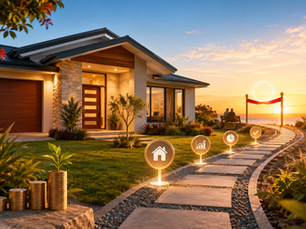 Modern Australian home beside a mortgage payoff pathway with progress markers, stacked coins, and a finish line before retirement.